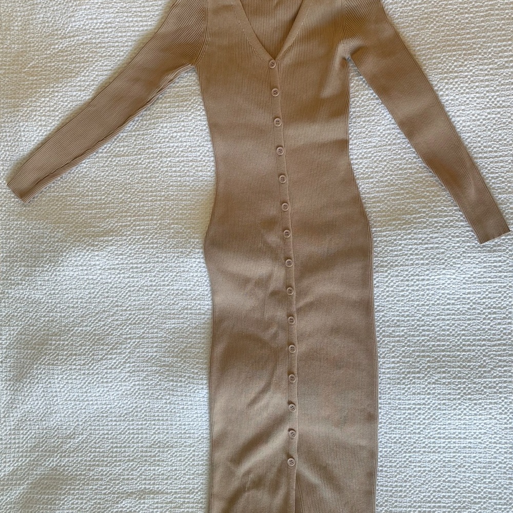 Ribbed Tan Button-Down Knit Dress - Cider, XS